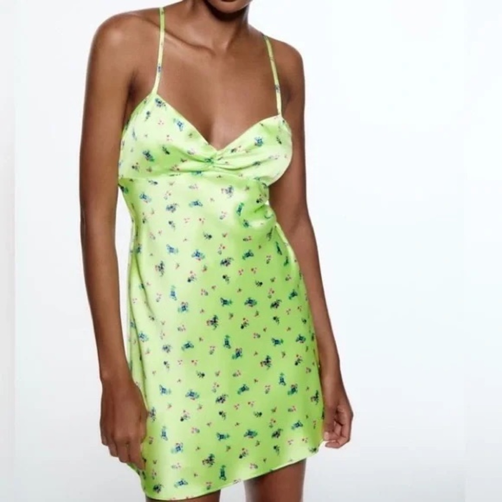 Zara green satin effect floral dress